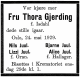 Dødsannonse Fru Thora Gjerding