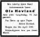Dødsannonse Ole Hovland